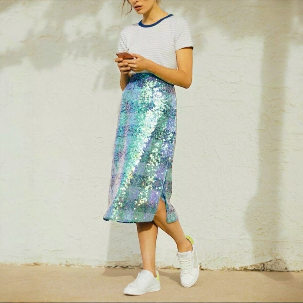 Anthropologie Maeve Sequin Plaid Palette Blue Skirt NWT - Picture 4 of 15